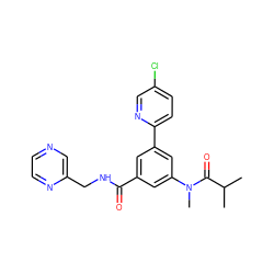 CC(C)C(=O)N(C)c1cc(C(=O)NCc2cnccn2)cc(-c2ccc(Cl)cn2)c1 ZINC000142662003