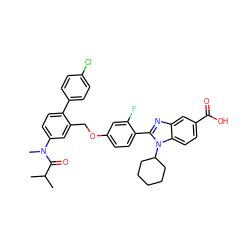 CC(C)C(=O)N(C)c1ccc(-c2ccc(Cl)cc2)c(COc2ccc(-c3nc4cc(C(=O)O)ccc4n3C3CCCCC3)c(F)c2)c1 ZINC000049938405