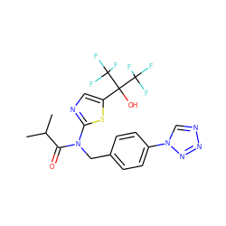 CC(C)C(=O)N(Cc1ccc(-n2cnnn2)cc1)c1ncc(C(O)(C(F)(F)F)C(F)(F)F)s1 ZINC000036184805