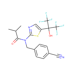 CC(C)C(=O)N(Cc1ccc(C#N)cc1)c1ncc(C(O)(C(F)(F)F)C(F)(F)F)s1 ZINC000036184785