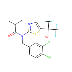 CC(C)C(=O)N(Cc1ccc(Cl)c(Cl)c1)c1ncc(C(O)(C(F)(F)F)C(F)(F)F)s1 ZINC000036184811