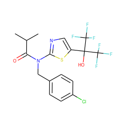 CC(C)C(=O)N(Cc1ccc(Cl)cc1)c1ncc(C(O)(C(F)(F)F)C(F)(F)F)s1 ZINC000036184789