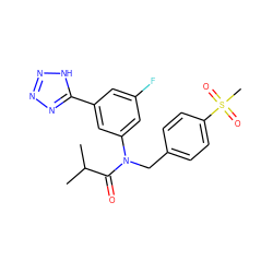 CC(C)C(=O)N(Cc1ccc(S(C)(=O)=O)cc1)c1cc(F)cc(-c2nnn[nH]2)c1 ZINC000084706954