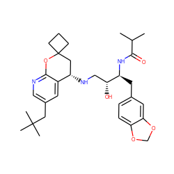 CC(C)C(=O)N[C@@H](Cc1ccc2c(c1)OCO2)[C@H](O)CN[C@H]1CC2(CCC2)Oc2ncc(CC(C)(C)C)cc21 ZINC000095576469