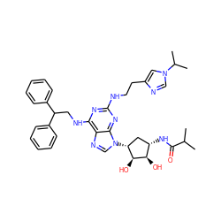 CC(C)C(=O)N[C@H]1C[C@@H](n2cnc3c(NCC(c4ccccc4)c4ccccc4)nc(NCCc4cn(C(C)C)cn4)nc32)[C@H](O)[C@@H]1O ZINC000049746307