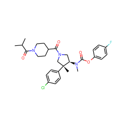 CC(C)C(=O)N1CCC(C(=O)N2C[C@@H](N(C)C(=O)Oc3ccc(F)cc3)[C@](C)(c3ccc(Cl)cc3)C2)CC1 ZINC000169698941