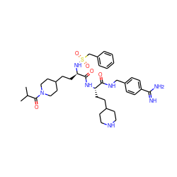 CC(C)C(=O)N1CCC(CC[C@@H](NS(=O)(=O)Cc2ccccc2)C(=O)N[C@@H](CCC2CCNCC2)C(=O)NCc2ccc(C(=N)N)cc2)CC1 ZINC000169697469