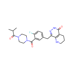 CC(C)C(=O)N1CCN(C(=O)c2cc(Cc3n[nH]c(=O)c4c3NCCC4)ccc2F)CC1 ZINC000149046219