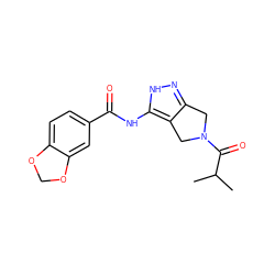 CC(C)C(=O)N1Cc2n[nH]c(NC(=O)c3ccc4c(c3)OCO4)c2C1 ZINC000014949180