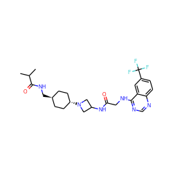 CC(C)C(=O)NC[C@H]1CC[C@H](N2CC(NC(=O)CNc3ncnc4ccc(C(F)(F)F)cc34)C2)CC1 ZINC000149143265