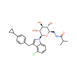 CC(C)C(=O)NC[C@H]1O[C@@H](n2cc(Cc3ccc(C4CC4)cc3)c3c(Cl)cccc32)[C@H](O)[C@@H](O)[C@@H]1O ZINC000219004375