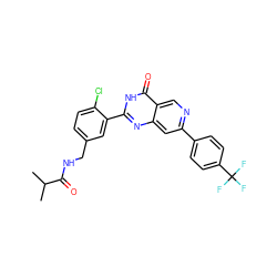 CC(C)C(=O)NCc1ccc(Cl)c(-c2nc3cc(-c4ccc(C(F)(F)F)cc4)ncc3c(=O)[nH]2)c1 ZINC000230815548