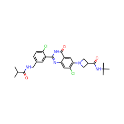 CC(C)C(=O)NCc1ccc(Cl)c(-c2nc3cc(Cl)c(N4CC(C(=O)NC(C)(C)C)C4)cc3c(=O)[nH]2)c1 ZINC000299838283