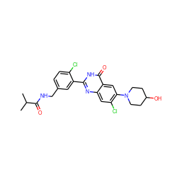 CC(C)C(=O)NCc1ccc(Cl)c(-c2nc3cc(Cl)c(N4CCC(O)CC4)cc3c(=O)[nH]2)c1 ZINC000299837856