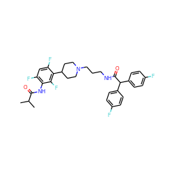 CC(C)C(=O)Nc1c(F)cc(F)c(C2CCN(CCCNC(=O)C(c3ccc(F)cc3)c3ccc(F)cc3)CC2)c1F ZINC000028710179