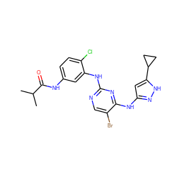 CC(C)C(=O)Nc1ccc(Cl)c(Nc2ncc(Br)c(Nc3cc(C4CC4)[nH]n3)n2)c1 ZINC000203003905