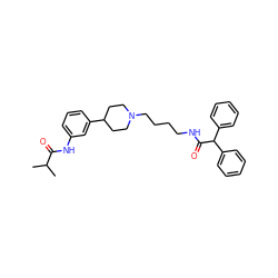 CC(C)C(=O)Nc1cccc(C2CCN(CCCCNC(=O)C(c3ccccc3)c3ccccc3)CC2)c1 ZINC000028710172