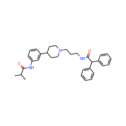 CC(C)C(=O)Nc1cccc(C2CCN(CCCNC(=O)C(c3ccccc3)c3ccccc3)CC2)c1 ZINC000028710171