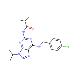 CC(C)C(=O)Nc1nc(NCc2ccc(Cl)cc2)c2ncn(C(C)C)c2n1 ZINC000028641997