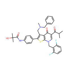 CC(C)C(=O)c1cn(Cc2c(F)cccc2F)c2sc(-c3ccc(NC(=O)C(C)(C)O)cc3)c(CN(C)Cc3ccccc3)c2c1=O ZINC000049938406