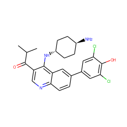 CC(C)C(=O)c1cnc2ccc(-c3cc(Cl)c(O)c(Cl)c3)cc2c1N[C@H]1CC[C@H](N)CC1 ZINC000473201096