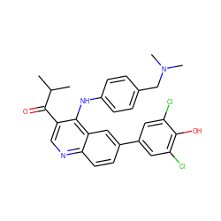 CC(C)C(=O)c1cnc2ccc(-c3cc(Cl)c(O)c(Cl)c3)cc2c1Nc1ccc(CN(C)C)cc1 ZINC000114035353