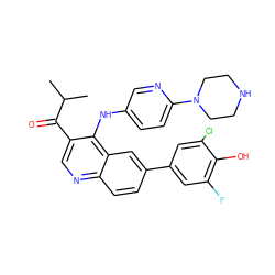 CC(C)C(=O)c1cnc2ccc(-c3cc(F)c(O)c(Cl)c3)cc2c1Nc1ccc(N2CCNCC2)nc1 ZINC000114039015