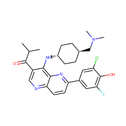 CC(C)C(=O)c1cnc2ccc(-c3cc(F)c(O)c(Cl)c3)nc2c1N[C@H]1CC[C@H](CN(C)C)CC1 ZINC000473194488