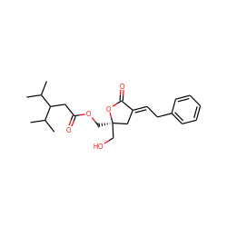 CC(C)C(CC(=O)OC[C@@]1(CO)C/C(=C\Cc2ccccc2)C(=O)O1)C(C)C ZINC000013704194