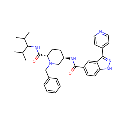 CC(C)C(NC(=O)[C@@H]1CC[C@@H](NC(=O)c2ccc3[nH]nc(-c4ccncc4)c3c2)CN1Cc1ccccc1)C(C)C ZINC000205031096