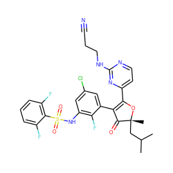 CC(C)C[C@@]1(C)OC(c2ccnc(NCCC#N)n2)=C(c2cc(Cl)cc(NS(=O)(=O)c3c(F)cccc3F)c2F)C1=O ZINC000220299627