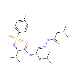 CC(C)C[C@@H](/C=N/NC(=O)CN(C)C)NC(=O)[C@@H](NS(=O)(=O)c1ccc(F)cc1)C(C)C ZINC000003979693