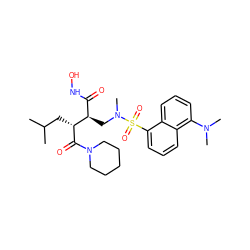 CC(C)C[C@@H](C(=O)N1CCCCC1)[C@H](CN(C)S(=O)(=O)c1cccc2c(N(C)C)cccc12)C(=O)NO ZINC000003821545