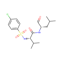 CC(C)C[C@@H](C=O)NC(=O)[C@@H](NS(=O)(=O)c1ccc(Cl)cc1)C(C)C ZINC000013493512