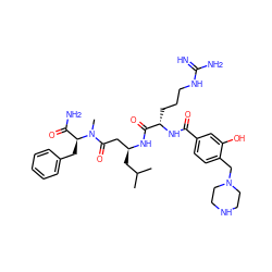 CC(C)C[C@@H](CC(=O)N(C)[C@@H](Cc1ccccc1)C(N)=O)NC(=O)[C@H](CCCNC(=N)N)NC(=O)c1ccc(CN2CCNCC2)c(O)c1 ZINC000653864057