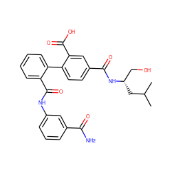 CC(C)C[C@@H](CO)NC(=O)c1ccc(-c2ccccc2C(=O)Nc2cccc(C(N)=O)c2)c(C(=O)O)c1 ZINC000028641418