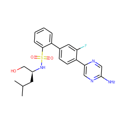 CC(C)C[C@@H](CO)NS(=O)(=O)c1ccccc1-c1ccc(-c2cnc(N)cn2)c(F)c1 ZINC000212172658