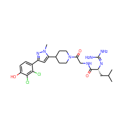 CC(C)C[C@@H](N=C(N)N)C(=O)NCC(=O)N1CCC(c2cc(-c3ccc(O)c(Cl)c3Cl)nn2C)CC1 ZINC000026846036