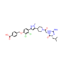 CC(C)C[C@@H](N=C(N)N)C(=O)NCC(=O)N1CCC(c2cc(-c3ccc(OCc4ccc(C(=O)O)cc4)c(Cl)c3Cl)nn2C)CC1 ZINC000026837358