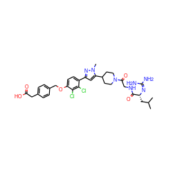 CC(C)C[C@@H](N=C(N)N)C(=O)NCC(=O)N1CCC(c2cc(-c3ccc(OCc4ccc(CC(=O)O)cc4)c(Cl)c3Cl)nn2C)CC1 ZINC000026839771