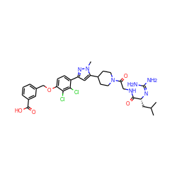 CC(C)C[C@@H](N=C(N)N)C(=O)NCC(=O)N1CCC(c2cc(-c3ccc(OCc4cccc(C(=O)O)c4)c(Cl)c3Cl)nn2C)CC1 ZINC000026842098