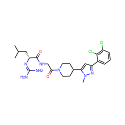 CC(C)C[C@@H](N=C(N)N)C(=O)NCC(=O)N1CCC(c2cc(-c3cccc(Cl)c3Cl)nn2C)CC1 ZINC000013579790