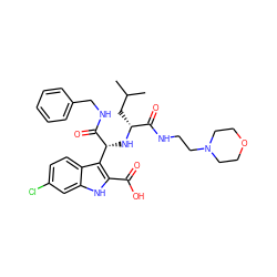 CC(C)C[C@@H](N[C@@H](C(=O)NCc1ccccc1)c1c(C(=O)O)[nH]c2cc(Cl)ccc12)C(=O)NCCN1CCOCC1 ZINC000113882335
