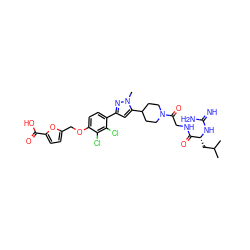 CC(C)C[C@@H](NC(=N)N)C(=O)NCC(=O)N1CCC(c2cc(-c3ccc(OCc4ccc(C(=O)O)o4)c(Cl)c3Cl)nn2C)CC1 ZINC000003990365