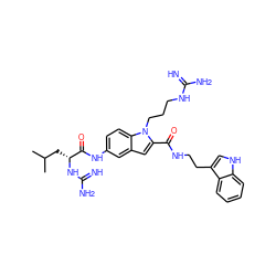 CC(C)C[C@@H](NC(=N)N)C(=O)Nc1ccc2c(c1)cc(C(=O)NCCc1c[nH]c3ccccc13)n2CCCNC(=N)N ZINC000044351677