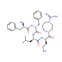 CC(C)C[C@@H](NC(=O)[C@@H](Cc1ccccc1)NC(=O)[C@H](N)Cc1ccccc1)C(=O)N[C@H](CCN)C(=O)N1CCCN(C(=N)N)CC1 ZINC000164651193
