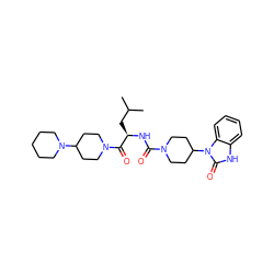 CC(C)C[C@@H](NC(=O)N1CCC(n2c(=O)[nH]c3ccccc32)CC1)C(=O)N1CCC(N2CCCCC2)CC1 ZINC000084690829