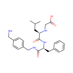 CC(C)C[C@@H](NCC(=O)O)C(=O)N[C@@H](Cc1ccccc1)C(=O)NCc1ccc(CN)cc1 ZINC000206309662