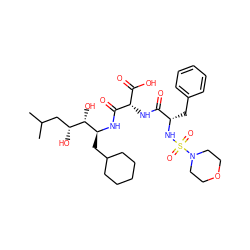 CC(C)C[C@@H](O)[C@H](O)[C@H](CC1CCCCC1)NC(=O)[C@@H](NC(=O)[C@H](Cc1ccccc1)NS(=O)(=O)N1CCOCC1)C(=O)O ZINC000029565914