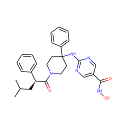 CC(C)C[C@H](C(=O)N1CCC(Nc2ncc(C(=O)NO)cn2)(c2ccccc2)CC1)c1ccccc1 ZINC001772649416